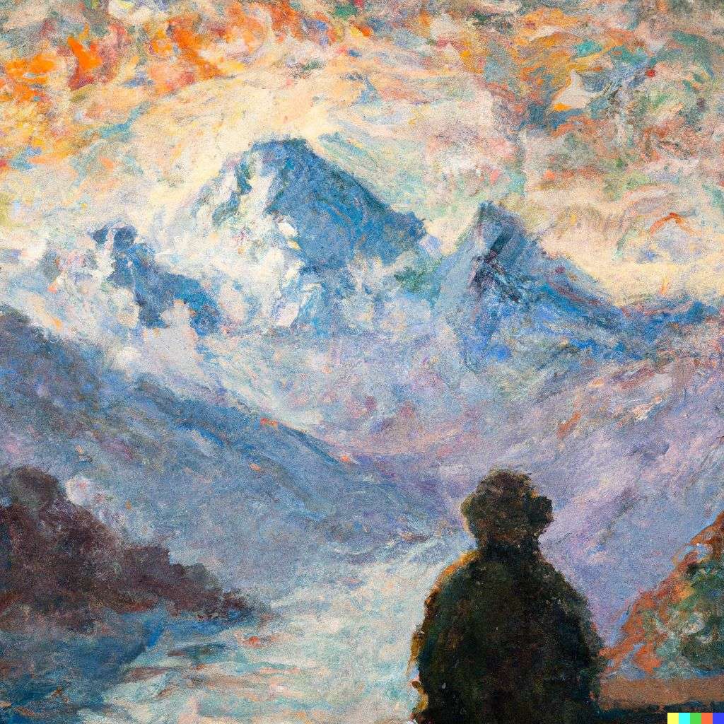 someone gazing at Mount Everest, painting by Claude Monet